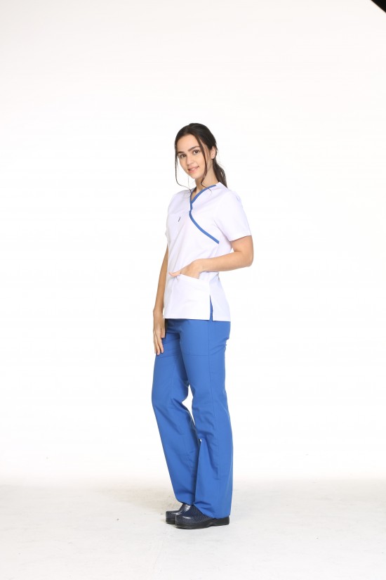 Hemşire Üst Forma Saks Mavi Biye Alpaka