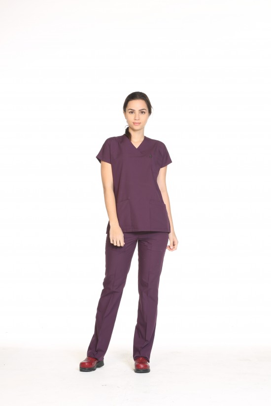 Kadın Cerrahi Üniforma Yarasa Kol Mürdüm Terycotton