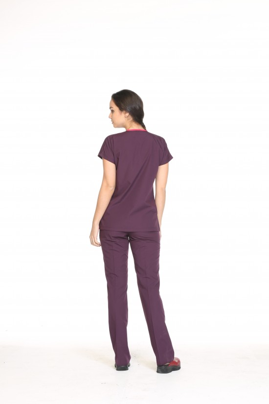 Kadın Cerrahi Üniforma Yarasa Kol Mürdüm Terycotton