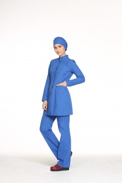 Uzun Kollu Hemşşire Forması Saks Mavi Terycotton