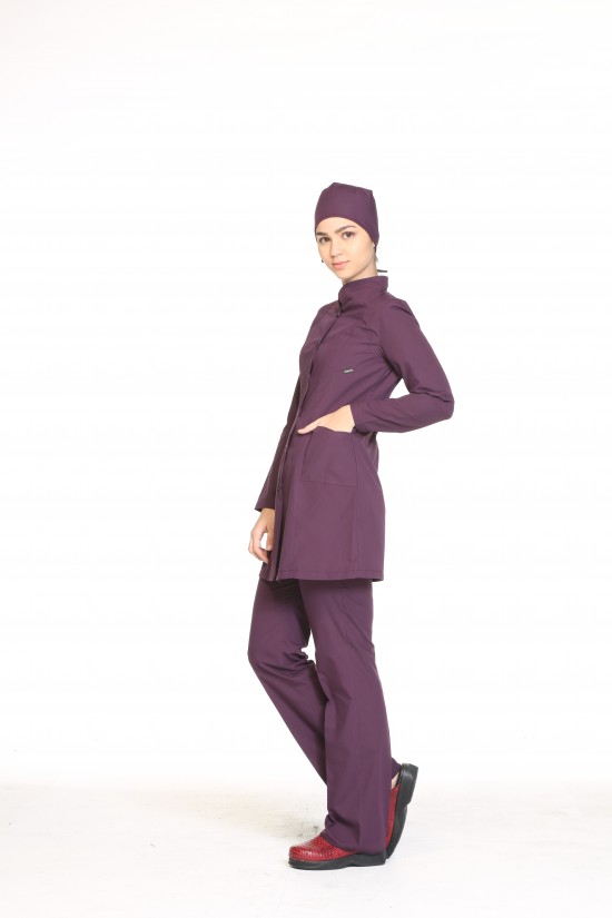 Uzun Kollu Hemşire Forması Mürdüm Terycotton 