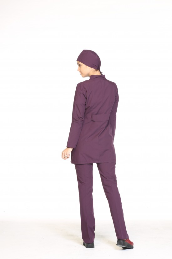 Uzun Kollu Hemşire Forması Mürdüm Alpaka