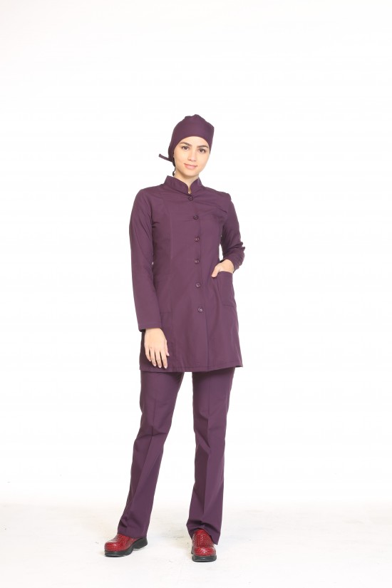 Uzun Kollu Hemşire Forması Mürdüm Terycotton 