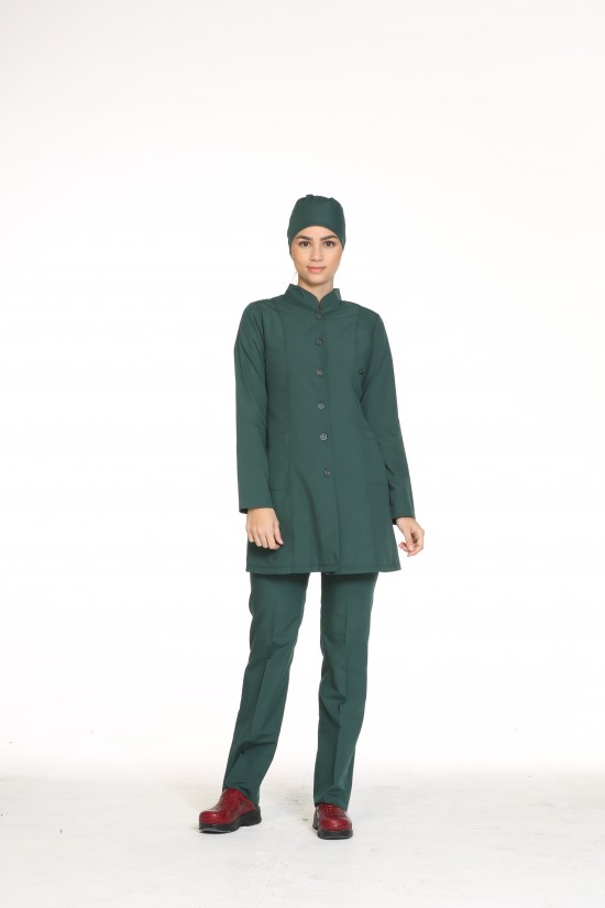 Uzun Kollu Hemşire Forması Avcı Yeşili Terycotton